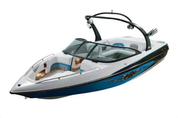 Slide: The Image of 2004 Malibu Wakesetter LSV boat with sleek design and blue accents. - 15