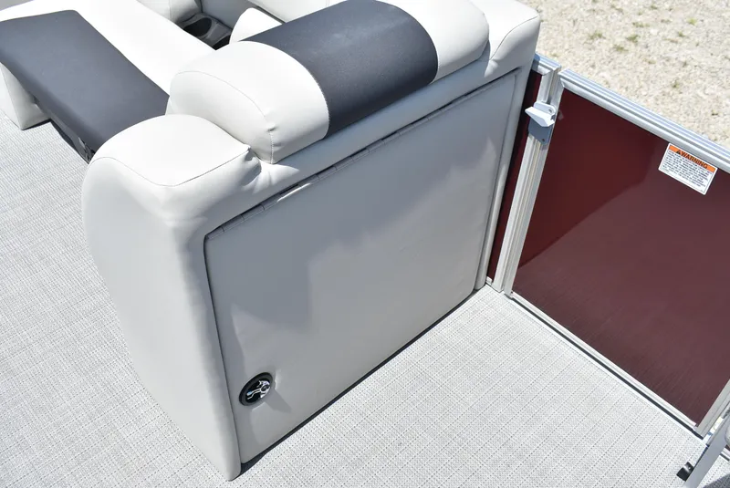 Slide: The Image of 2024 SunChaser Geneva 20 Fish 4 pontoon boat interior seating and gate. - 13