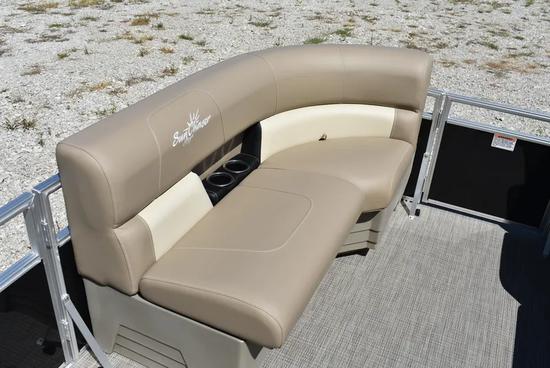 Slide: The Image of 2024 SunChaser Vista 20 Fish boat seating with beige upholstery and cup holders. - 13