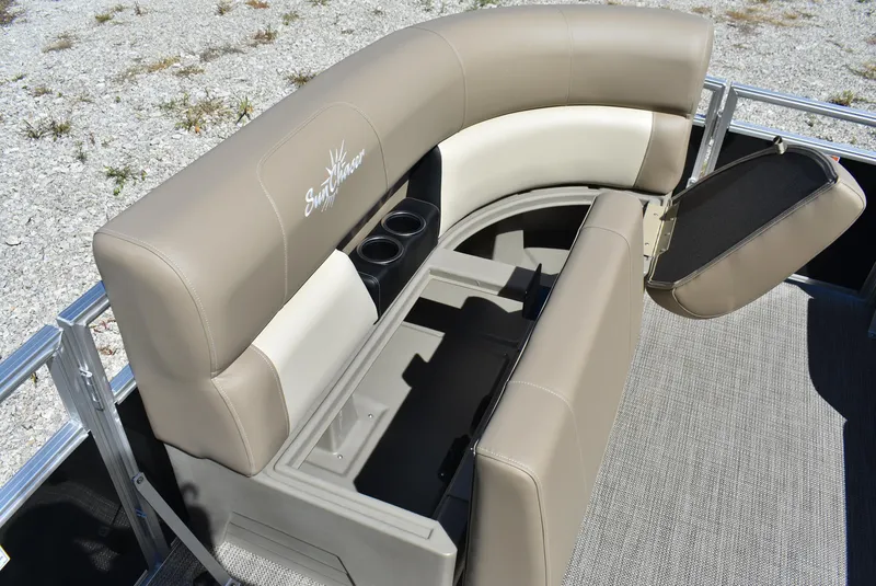 Slide: The Image of 2024 SunChaser Vista 20 Fish boat with beige seating and storage compartment. - 14