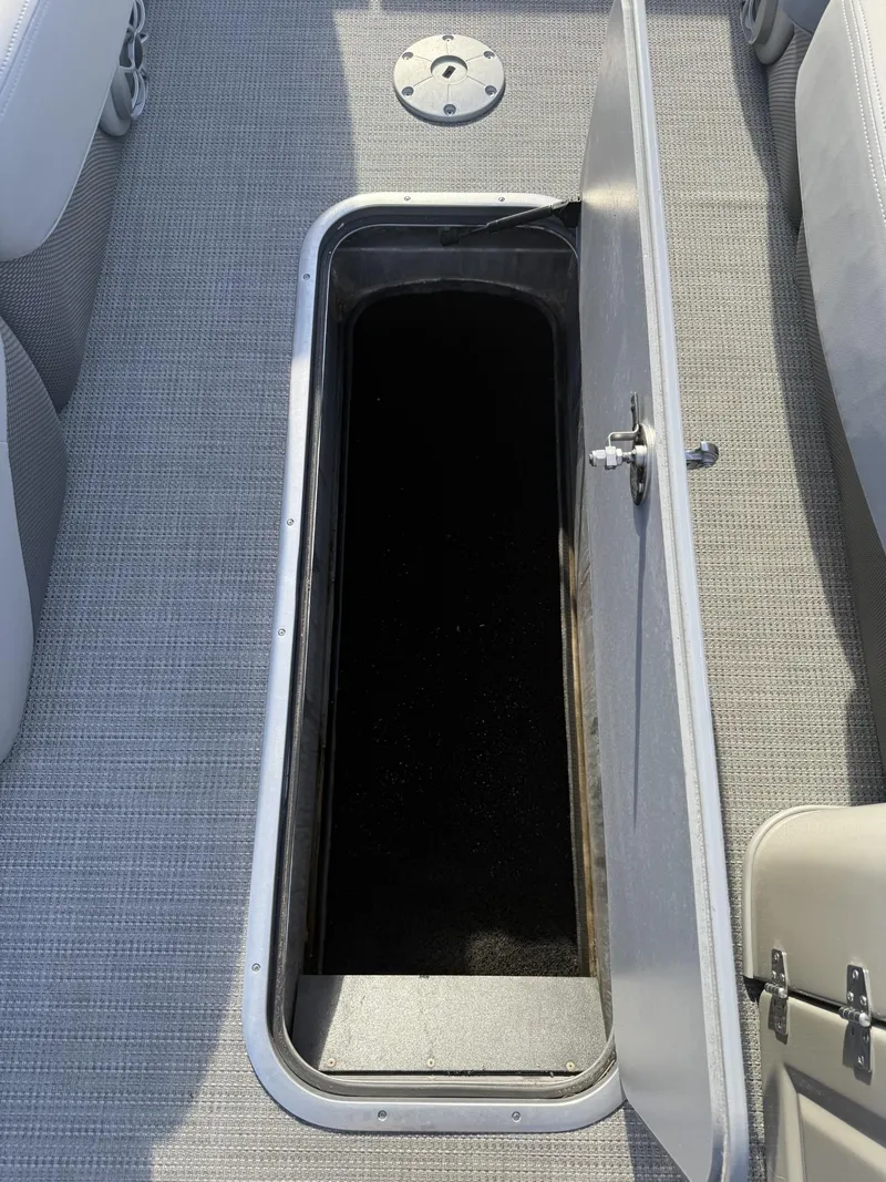 Slide: The Image of 2024 Regency 250 DL3 boat storage compartment with open hatch on carpeted deck. - 30