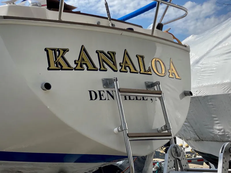 Slide: The Image of 1982 Sabre 30 sailboat "Kanaloa" with ladder, docked under a cloudy sky. - 10