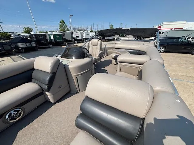 Slide: The Image of 2009 Premier 225 Grand Majestic pontoon boat with spacious seating and modern design. - 9