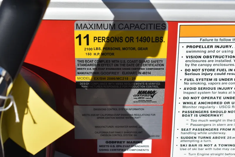 Slide: The Image of Capacity label for 2025 Godfrey Sweetwater 2086 SB, 11 persons or 1490 lbs. - 10