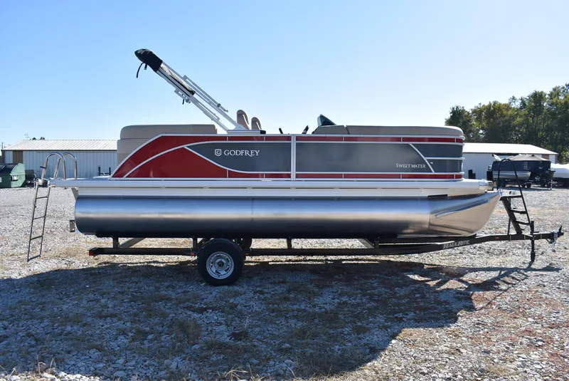 Slide: The Image of 2025 Godfrey Sweetwater 2086 SB pontoon boat on trailer, side view. - 7