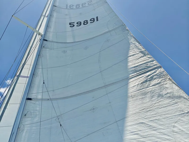 Slide: The Image of Sail of a 1994 Catalina Morgan boat against a clear blue sky. - 17
