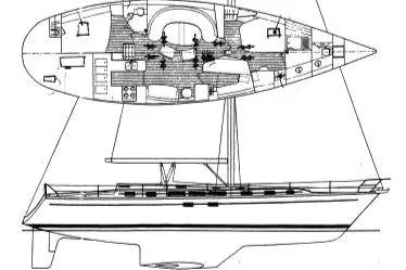 Slide: The Image of Sailboat blueprint of 1994 Catalina Morgan model, showcasing interior layout and side profile. - 21