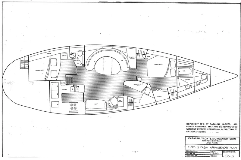 Slide: The Image of Floor plan of a 1994 Catalina Morgan yacht, featuring cabin and galley layout. - 22