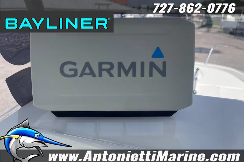 Slide: The Image of Bayliner Element F21 2020 with Garmin device, Antonietti Marine branding, and contact information. - 15