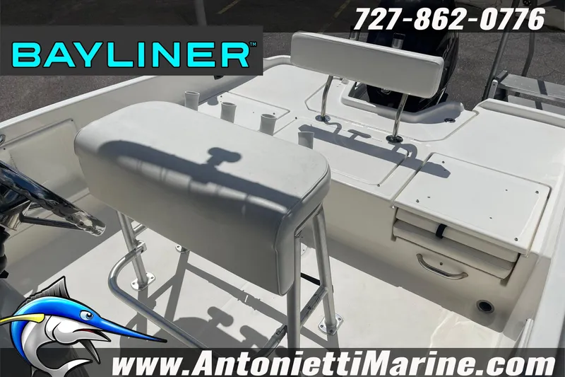 Slide: The Image of 2020 Bayliner Element F21 boat interior with seating and storage, Antonietti Marine branding. - 16
