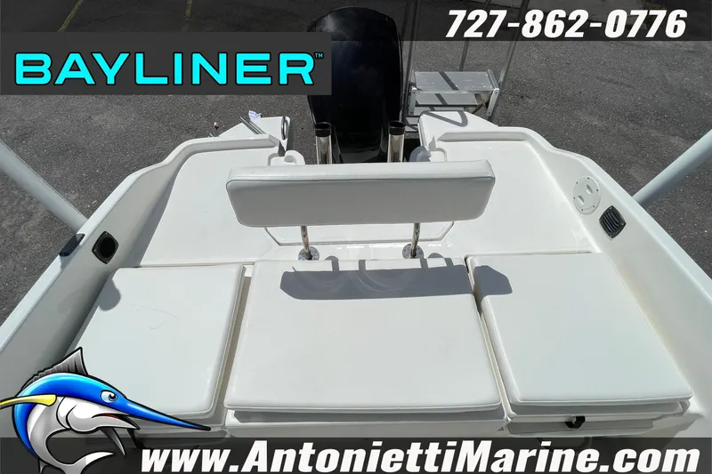 Slide: The Image of 2020 Bayliner Element F21 boat deck with seating, displayed by Antonietti Marine. - 21