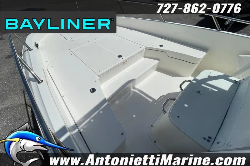Slide: The Image of 2020 Bayliner Element F21 boat deck, white interior, Antonietti Marine branding. - 25