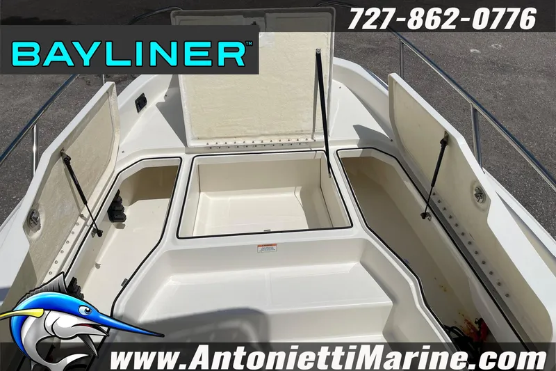 Slide: The Image of 2020 Bayliner Element F21 boat storage compartments, Antonietti Marine contact details. - 31
