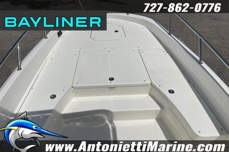 Slide: The Image of 2020 Bayliner Element F21 boat deck with contact details and logo. - 32