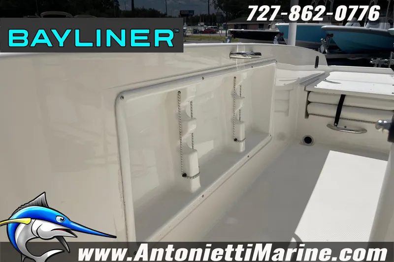 Slide: The Image of 2020 Bayliner Element F21 boat interior with storage compartments, displayed by Antonietti Marine. - 6