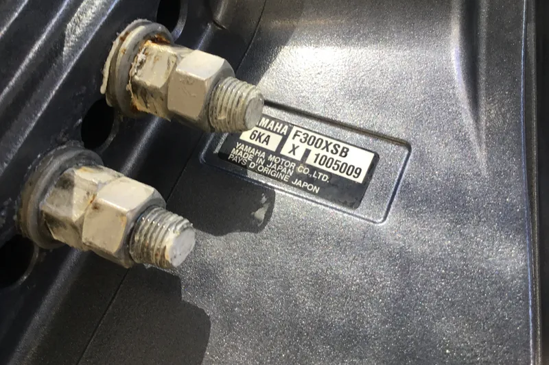 Slide: The Image of Close-up of Yamaha F300XSB engine label on 2022 Grady-White Freedom 325 boat. - 79