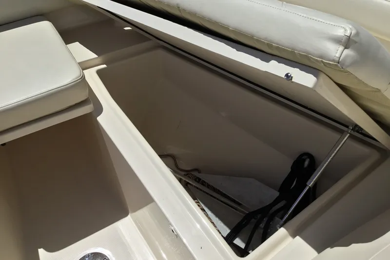 Slide: The Image of Storage compartment on a 2022 Grady-White Freedom 325 boat, featuring cushioned seating. - 33