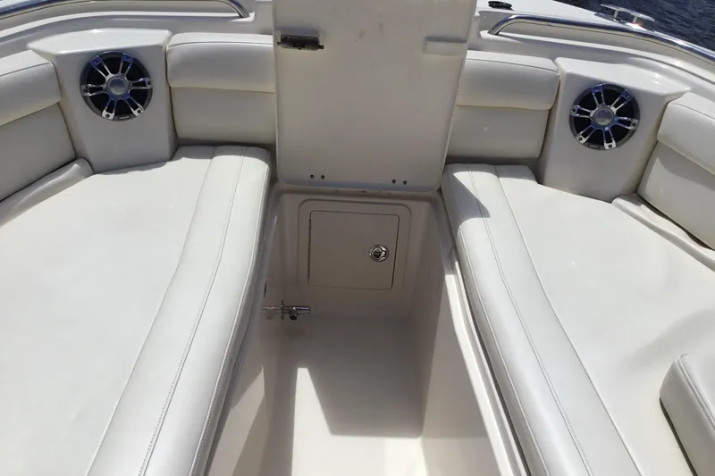 Slide: The Image of 2022 Grady-White Freedom 325 boat interior with cushioned seating and speakers. - 31