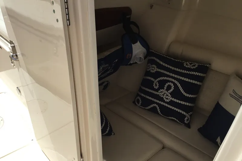 Slide: The Image of Interior cabin of 2022 Grady-White Freedom 325 with nautical-themed cushions. - 36