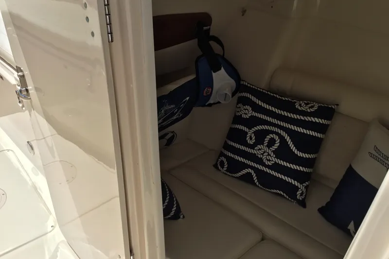 Slide: The Image of Interior cabin of 2022 Grady-White Freedom 325 with nautical-themed cushions. - 37