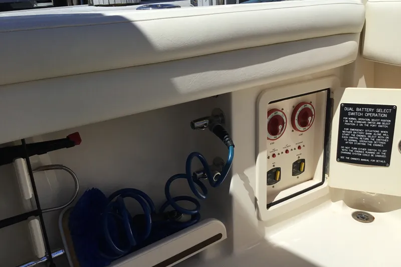 Slide: The Image of 2022 Grady-White Freedom 325 boat battery switch panel with dual battery select operation. - 71