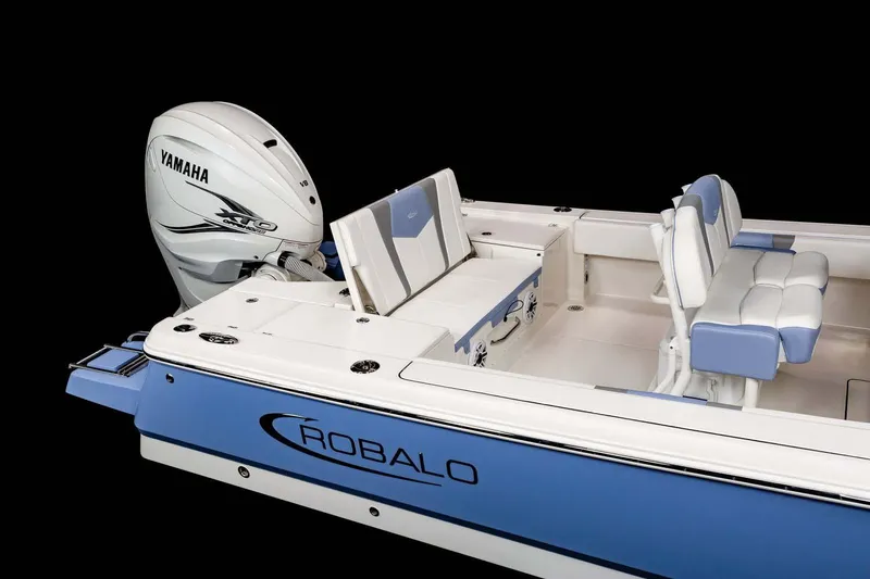 Slide: The Image of Manufacturer Provided Image: 2023 Robalo 266 Cayman boat with Yamaha engine, blue and white interior. - 30