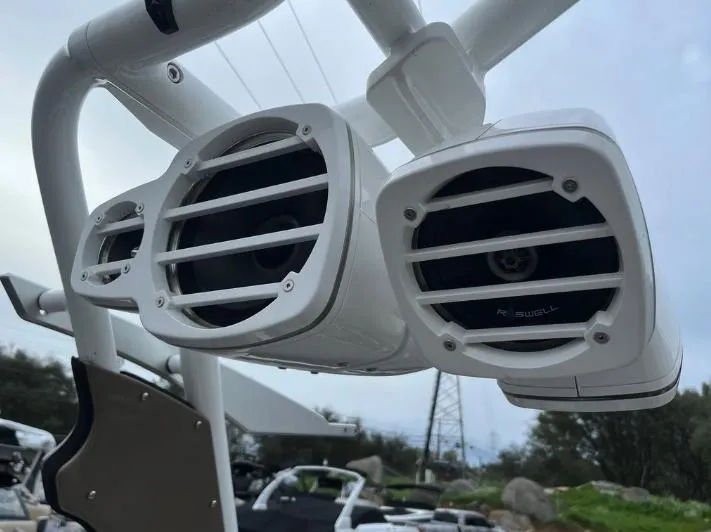 Slide: The Image of Close-up of Centurion RI 257 boat speakers, 2019 model, mounted on a white frame. - 38