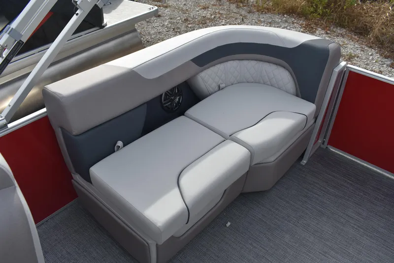 Slide: The Image of 2025 Godfrey Sweetwater 2086 SB boat interior with gray cushioned seating. - 10