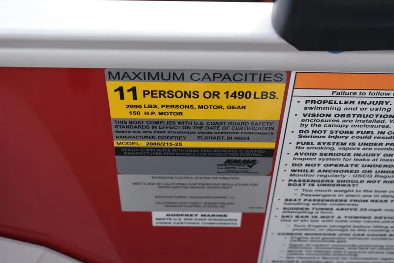 Slide: The Image of Capacity label on 2025 Godfrey Sweetwater 2086 SB, max 11 persons or 1490 lbs. - 12