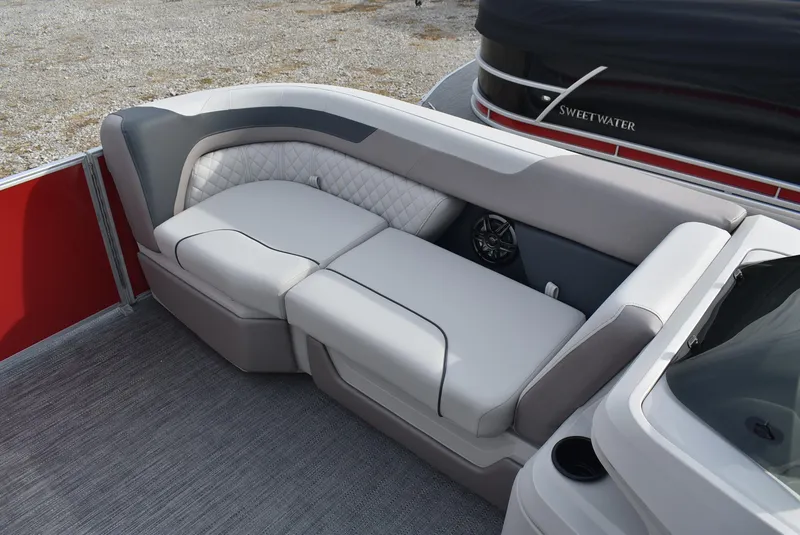 Slide: The Image of 2025 Godfrey Sweetwater 2086 SB boat interior with plush seating and modern design. - 14