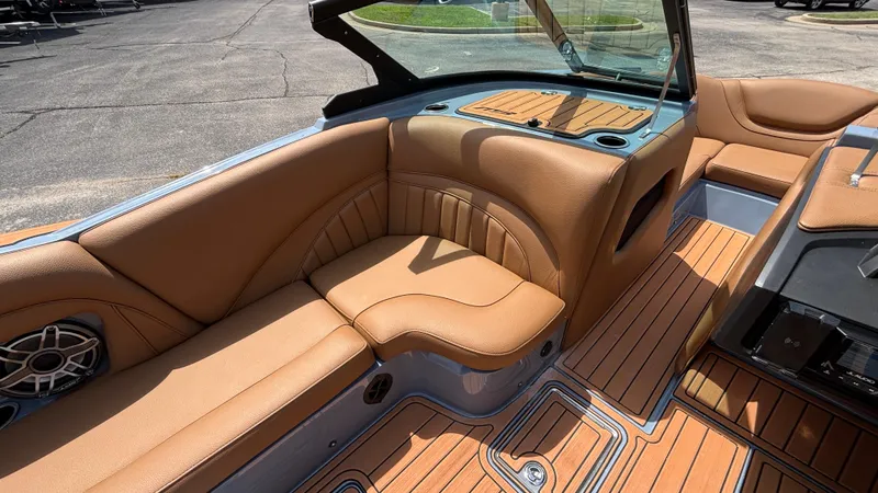 Slide: The Image of Luxurious interior of 2025 MB B52 23 Alpha boat with tan leather seating. - 14