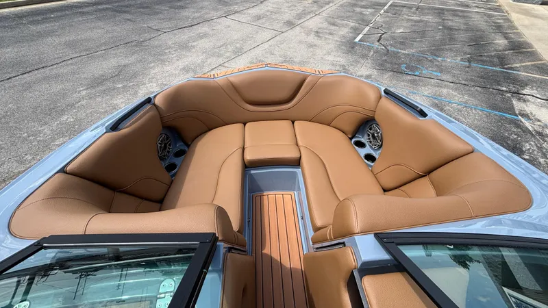 Slide: The Image of Luxurious interior of 2025 MB B52 23 Alpha boat with tan leather seating. - 15
