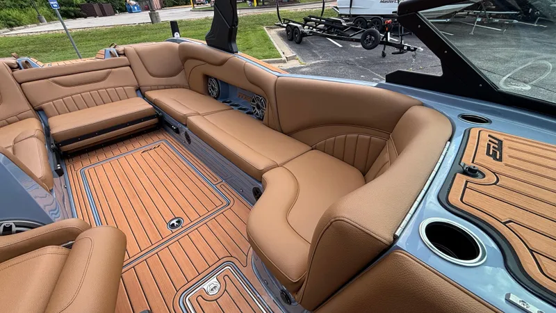 Slide: The Image of Luxurious interior of 2025 MB B52 23 Alpha boat with tan leather seating. - 35