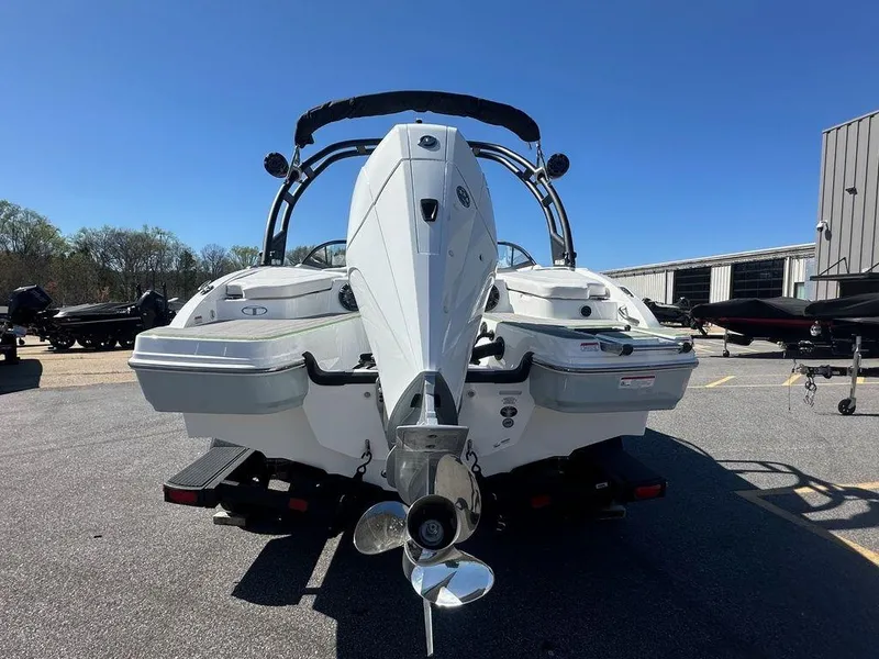 Slide: The Image of 2024 Tahoe 210 S boat rear view with outboard motor and trailer. - 10