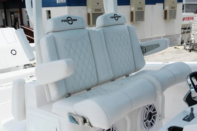 Slide: The Image of Luxury seating on 2025 Fountain 38 CC boat with diamond-stitched upholstery. - 22