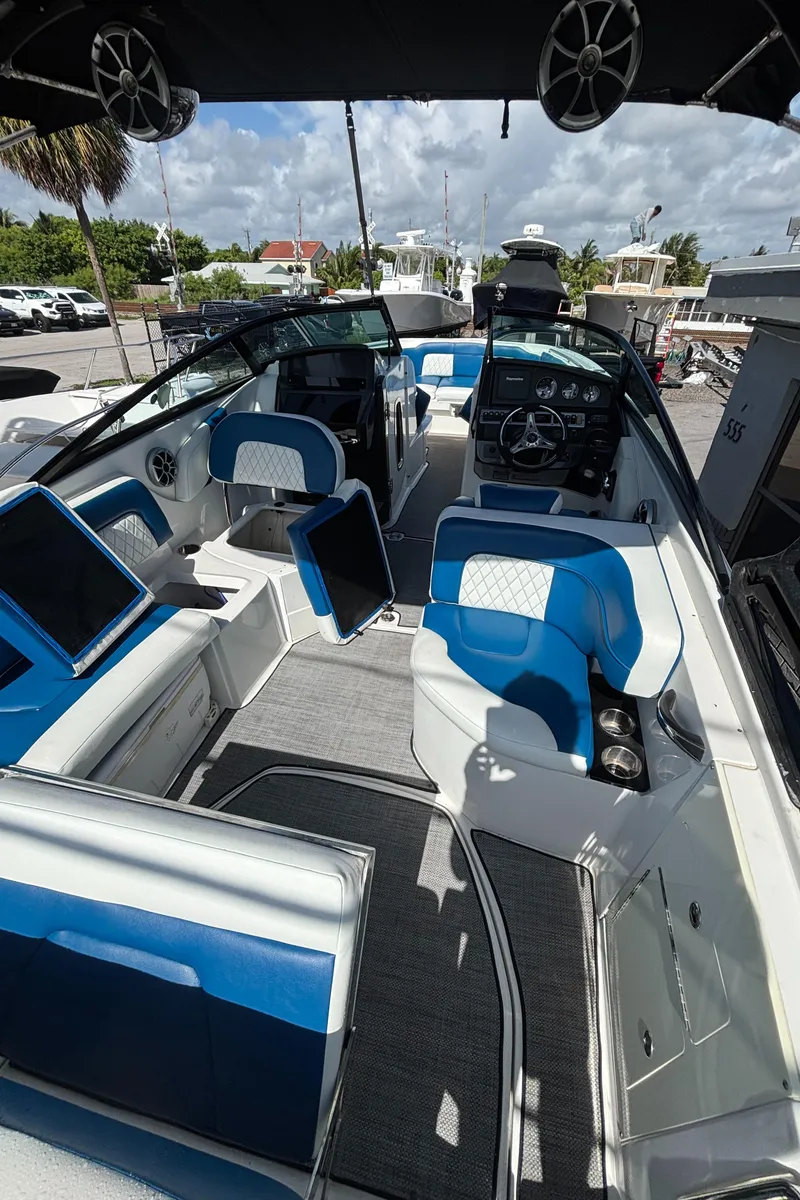 Slide: The Image of Luxurious 2017 Monterey M65 boat interior with blue and white seating, under a sunny sky. - 9