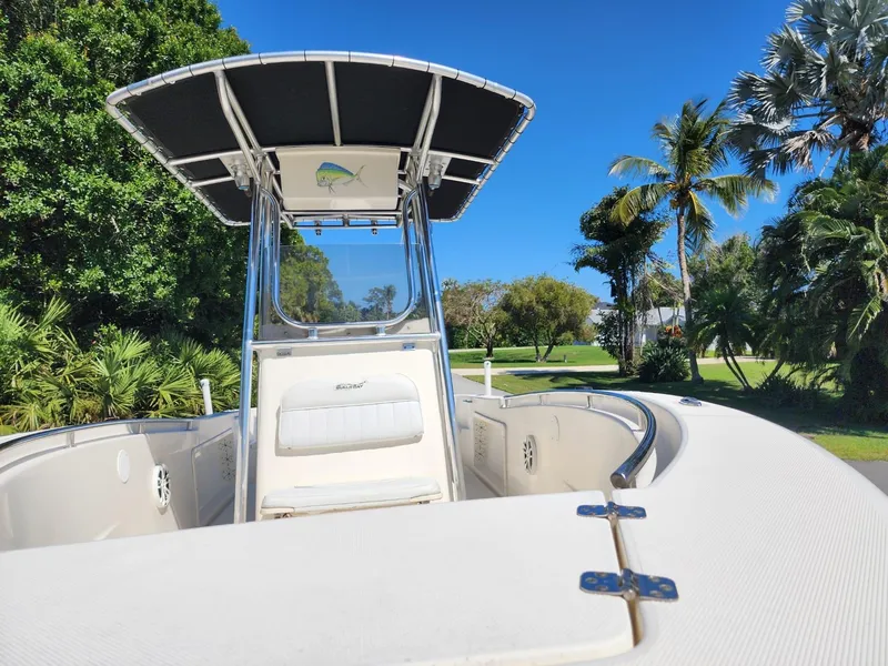 Slide: The Image of 2017 Bulls Bay 230 Center Console boat interior with scenic lake view. - 37