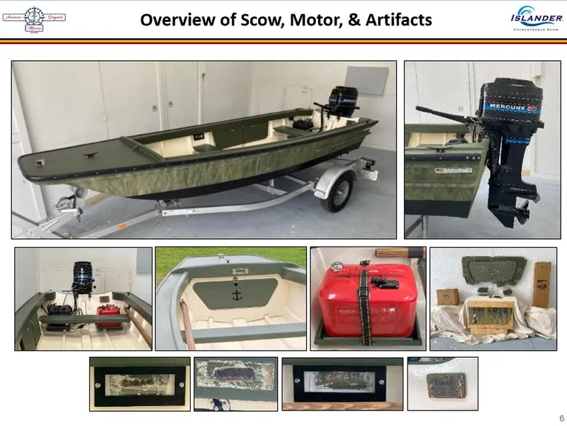Slide: The Image of 1963 Custom Chincoteague Scow with Mercury motor and artifacts displayed in a garage setting. - 2