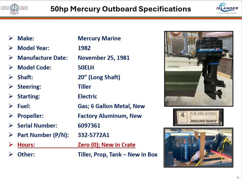Slide: The Image of 50hp Mercury outboard specifications, 1982 model, electric start, new in crate, 20-inch shaft. - 3