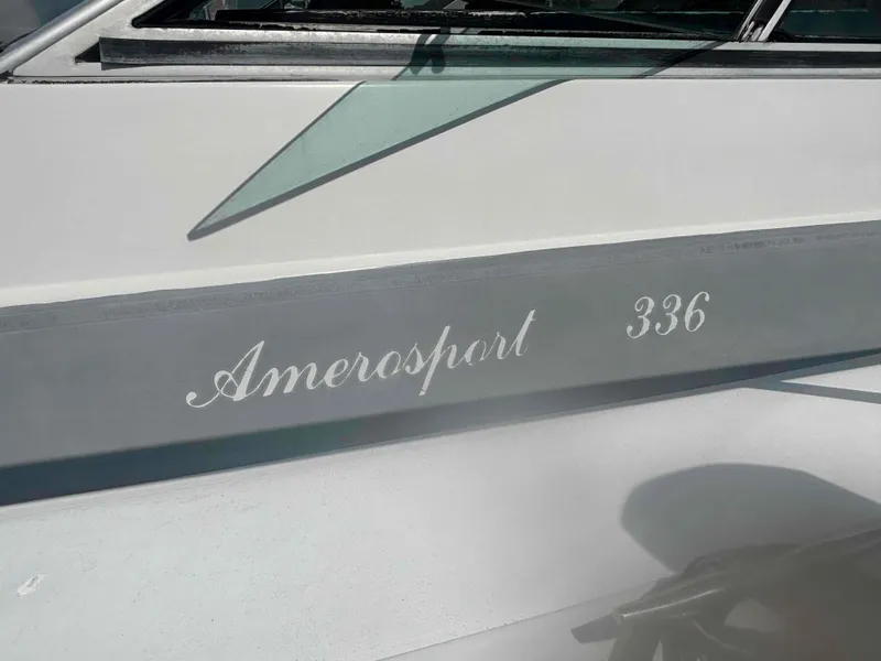Slide: The Image of 1987 Chris-Craft 336 Amerosport boat side view with model name and number. - 20