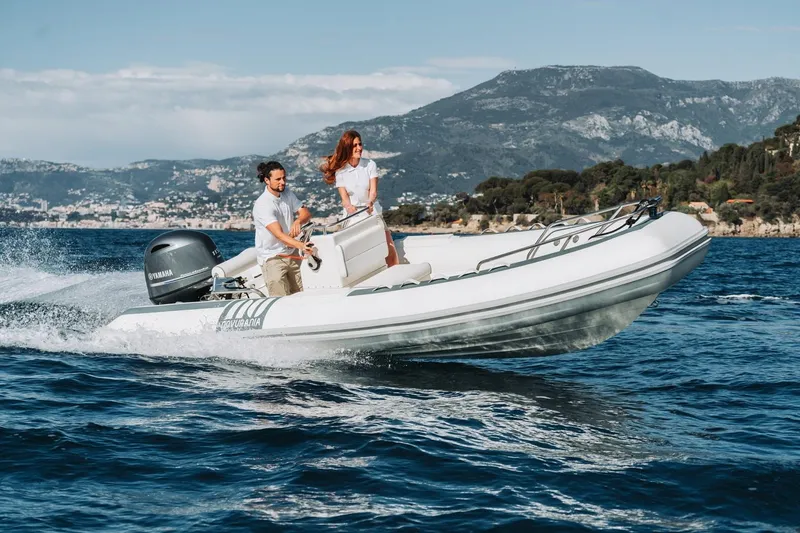 Slide: The Image of 2026 Novurania DL 550 boat cruising on scenic blue waters with mountainous backdrop. - 0