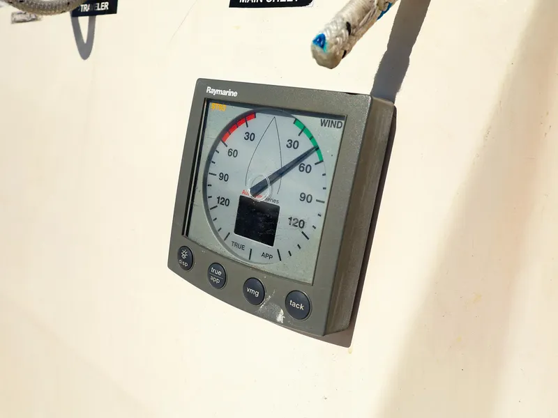 Slide: The Image of Raymarine wind gauge on 1987 Sabre 36 Sloop sailboat, displaying wind direction and speed. - 15