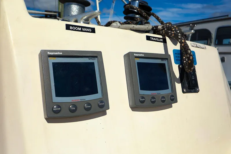 Slide: The Image of Control panel of a 1987 Sabre 36 Sloop with Raymarine displays and labeled equipment. - 13