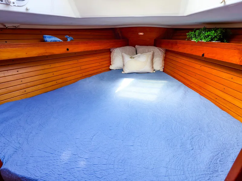 Slide: The Image of Cozy cabin interior of 1987 Sabre 36 Sloop with blue bedding and wooden paneling. - 30