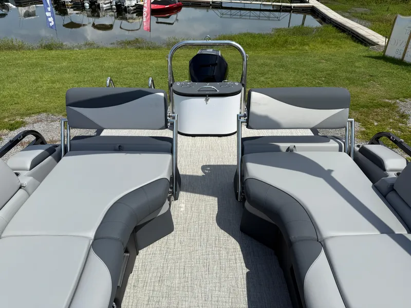 Slide: The Image of 2025 Avalon LSZ Quad Lounger Shift pontoon boat with luxurious seating and modern design. - 8