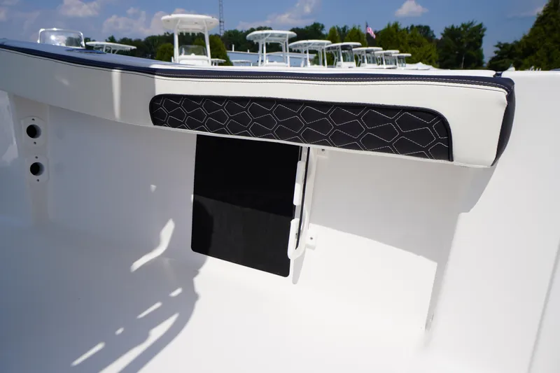 Slide: The Image of 2026 Tidewater 198 CC Adventure boat interior with cushioned seating detail. - 31