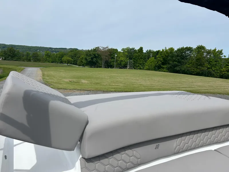 Slide: The Image of 2025 Four Winns H1 Freedom boat with gray seating, scenic green landscape background. - 11