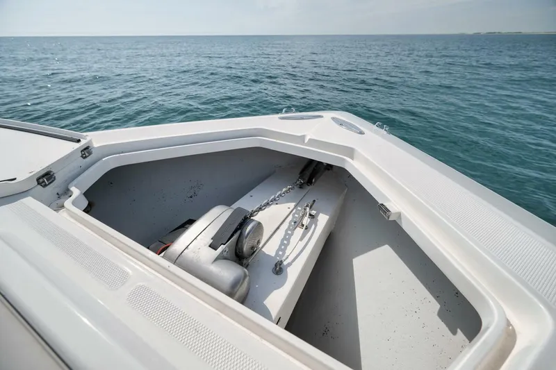 Slide: The Image of 2020 SeaVee 39 boat anchor compartment with ocean view. - 18