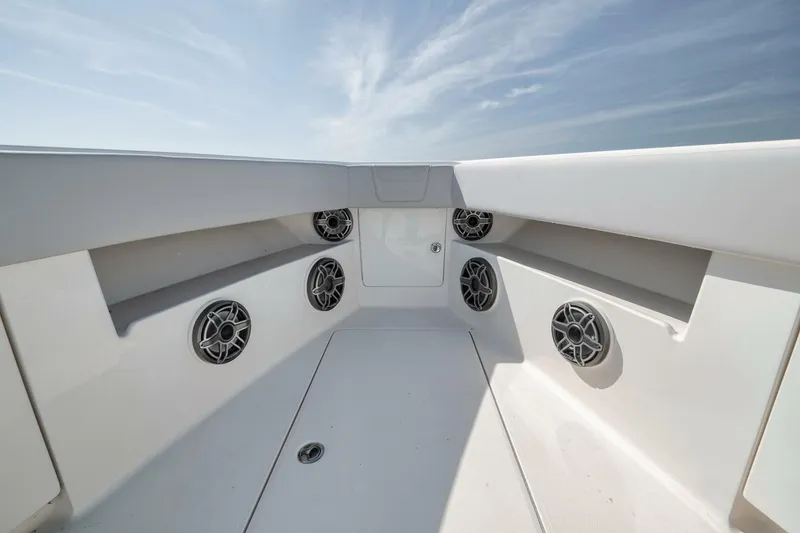 Slide: The Image of 2020 SeaVee 39 boat interior with multiple speakers and storage compartments. - 19