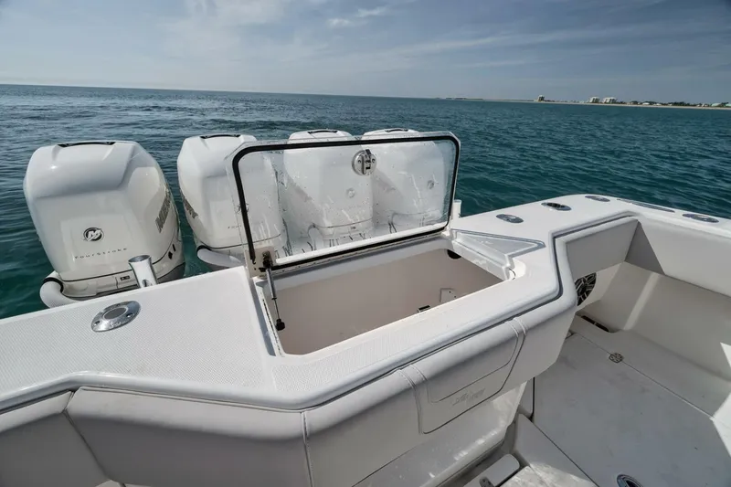 Slide: The Image of 2020 SeaVee 39 boat with powerful outboard engines on open water. - 35